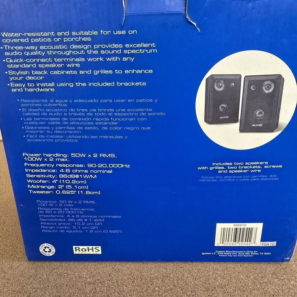AUVIO 100W x 2 4” 3-Way Indoor/Outdoor Speakers One Pair 4000016 Water Resistant - Picture 4 of 15